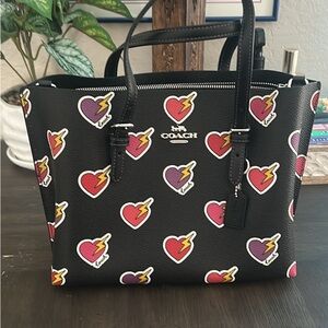 Coach Black Mollie Tote Bag 25 with Heart and Lightning Print